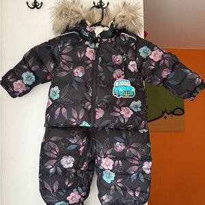 Nano Floral Kids Puffer Jacket and Pants Set - Black and Multicolor
